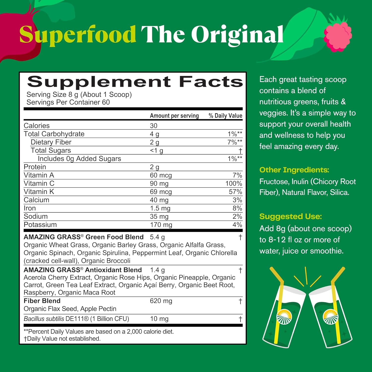 Organic Superfood Powder with Digestive Enzymes, Probiotics, Spirulina, Chlorella, Beet Root - 60 Servings