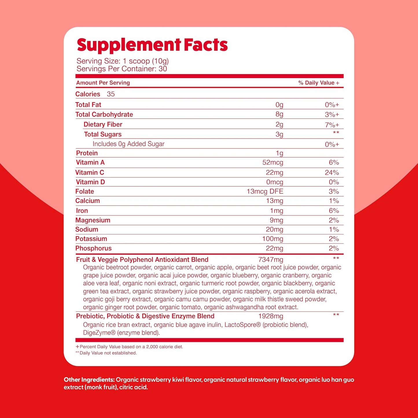 Organic Superfood Reds Powder with Beet Root for Digestive Support and Bloating Relief - Fruit and Veggie Polyphenols Supplement by Feel Great Vitamin Company