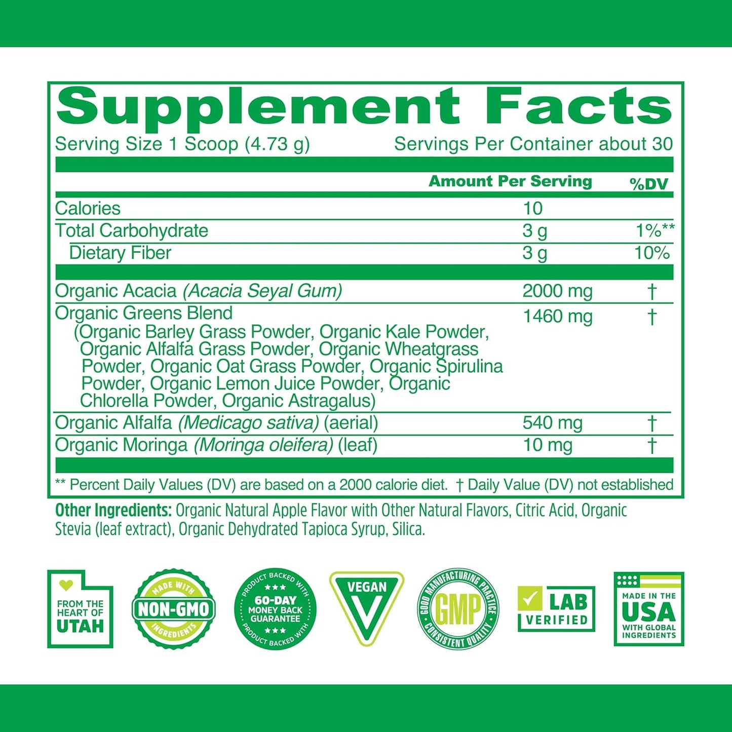 Organic Superfood Smoothie Mix with Spirulina, Chlorella, Wheatgrass, and Kale for Energy and Immune Support - Vegan, Non-GMO (30 Servings)