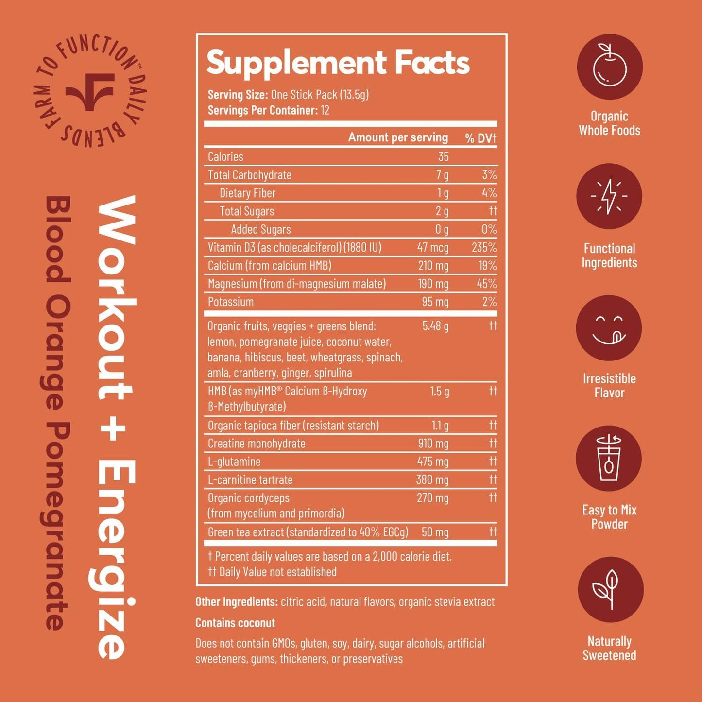 Organic Superfoods Pre-Workout Drink Mix with Amino Acids - Caffeine-Free Active Nutrition Supplement - Blood Orange Pomegranate Flavor