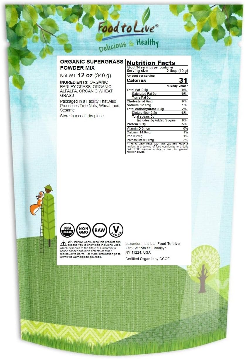 Organic SuperGrass Powder Blend with Mixed Alfalfa, Barley Grass, and Wheatgrass Powders - Non-GMO, Vegan, Kosher, Bulk - Ideal for Smoothies and Shakes