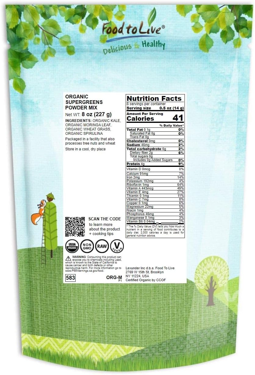 Organic SuperGreens Powder Blend - Mixed Kale, Moringa, Spirulina, Wheatgrass - 8oz - Non-GMO, Vegan, Rich in Antioxidants & Chlorophyll - Bulk Size