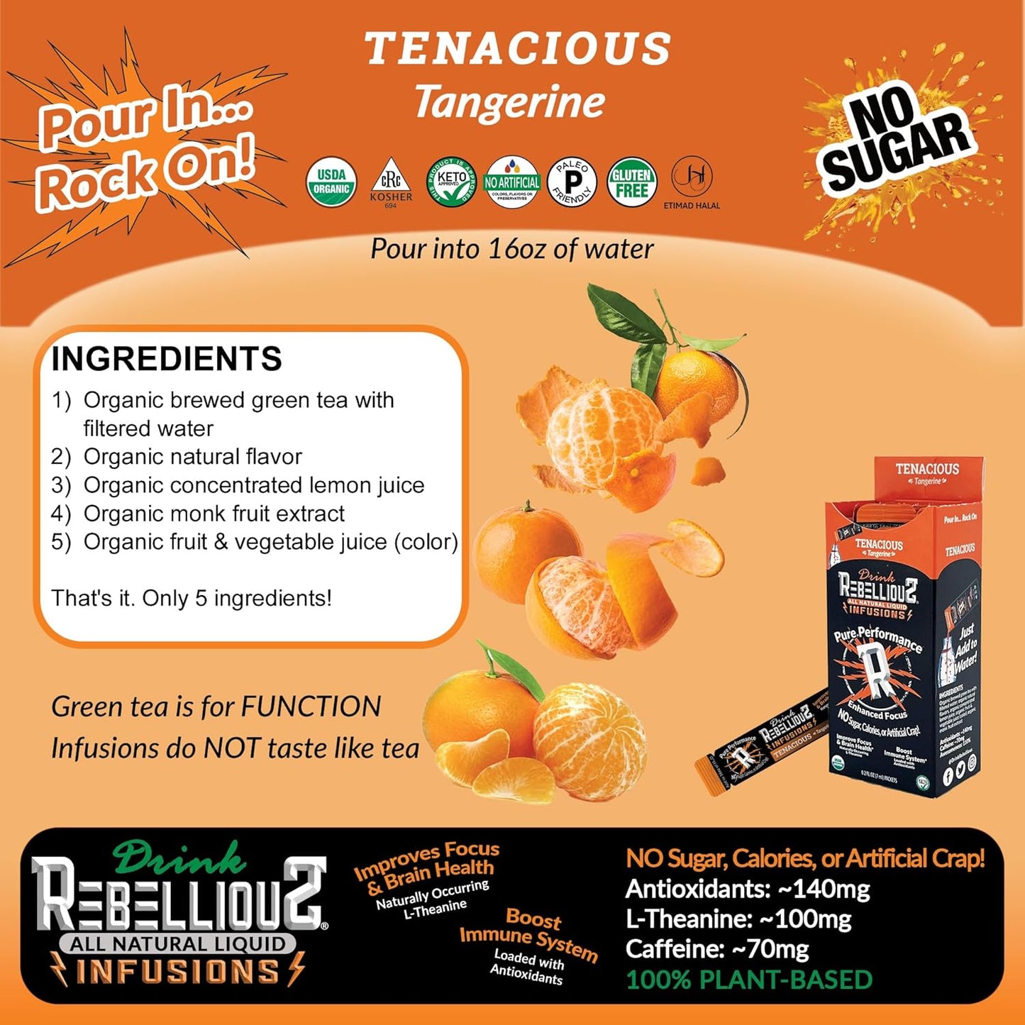 Organic Tangerine Energy Drink Mix with Antioxidants, L-Theanine, Natural Caffeine - Sugar-Free - 10 Pack