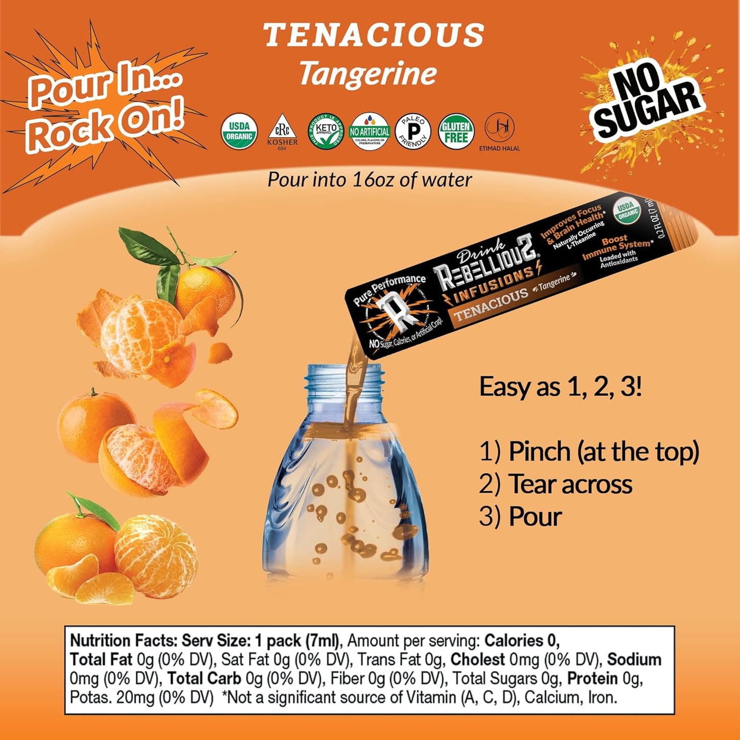 Organic Tangerine Energy Drink Mix with Antioxidants, L-Theanine, Natural Caffeine - Sugar-Free - 10 Pack