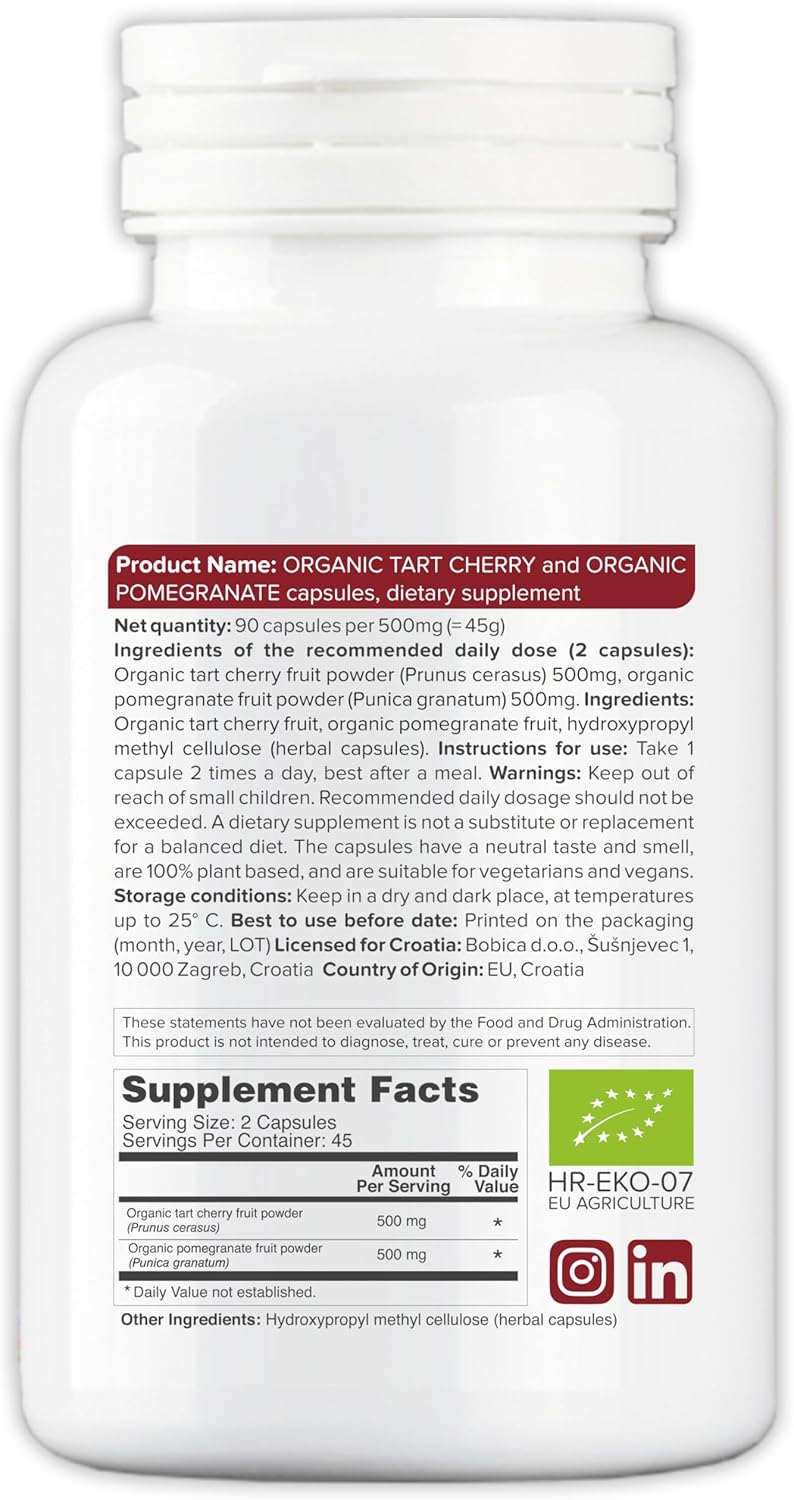 Organic Tart Cherry and Pomegranate Capsules - Antioxidant and Joint Support Supplement - Non-GMO - 90 Capsules
