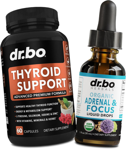 Organic Thyroid & Adrenal Support Liquid Drops with L-Tyrosine, Selenium, Iodine - Natural Brain & Memory Focus Supplement
