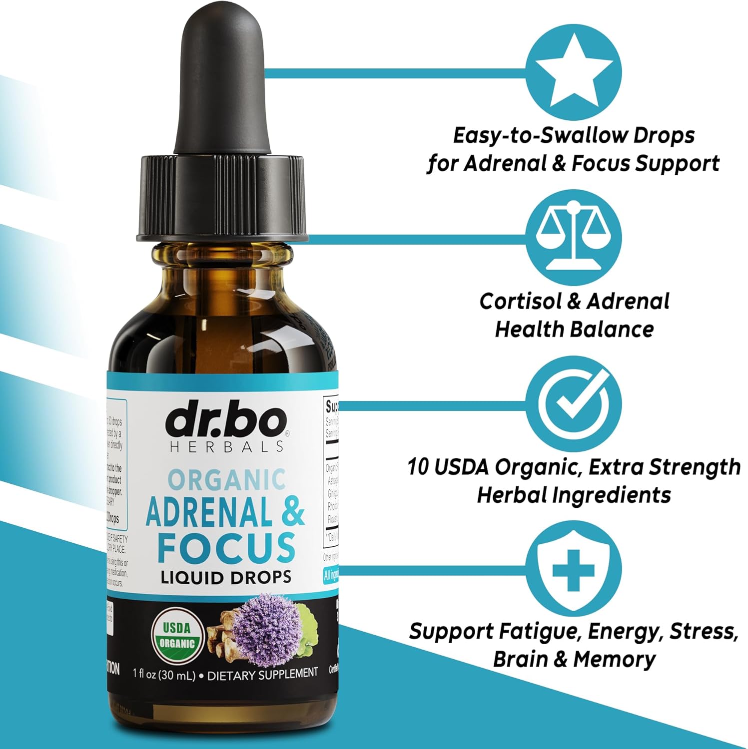 Organic Thyroid & Adrenal Support Liquid Drops with L-Tyrosine, Selenium, Iodine - Natural Brain & Memory Focus Supplement