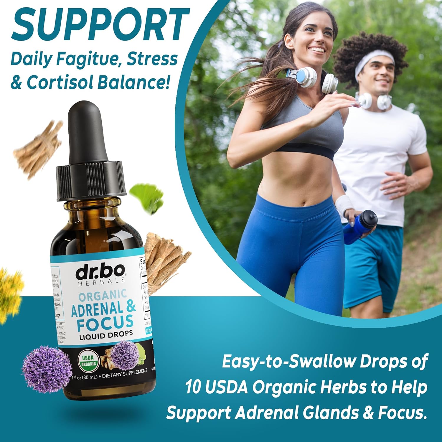 Organic Thyroid & Adrenal Support Liquid Drops with L-Tyrosine, Selenium, Iodine - Natural Brain & Memory Focus Supplement