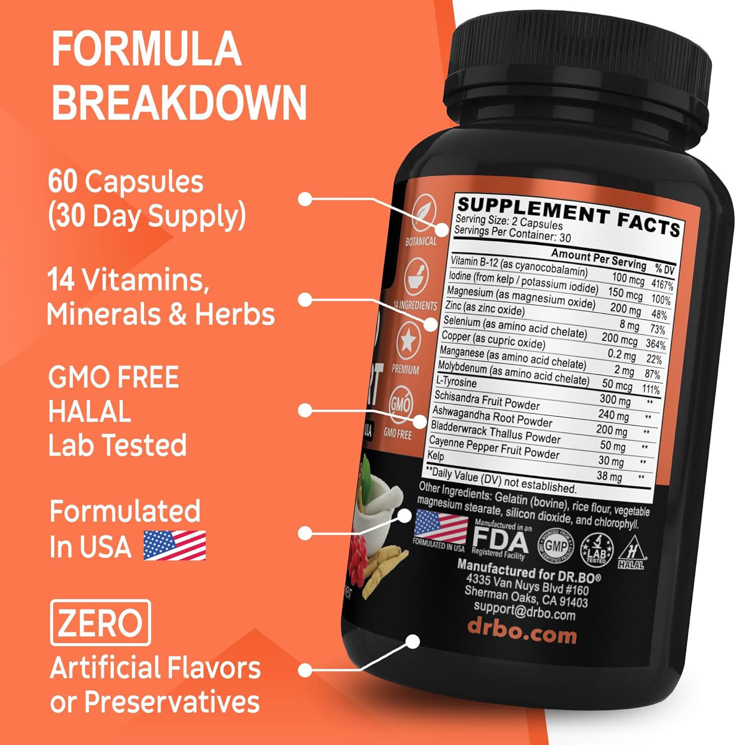 Organic Thyroid & Adrenal Support Liquid Drops with L-Tyrosine, Selenium, Iodine - Natural Brain & Memory Focus Supplement
