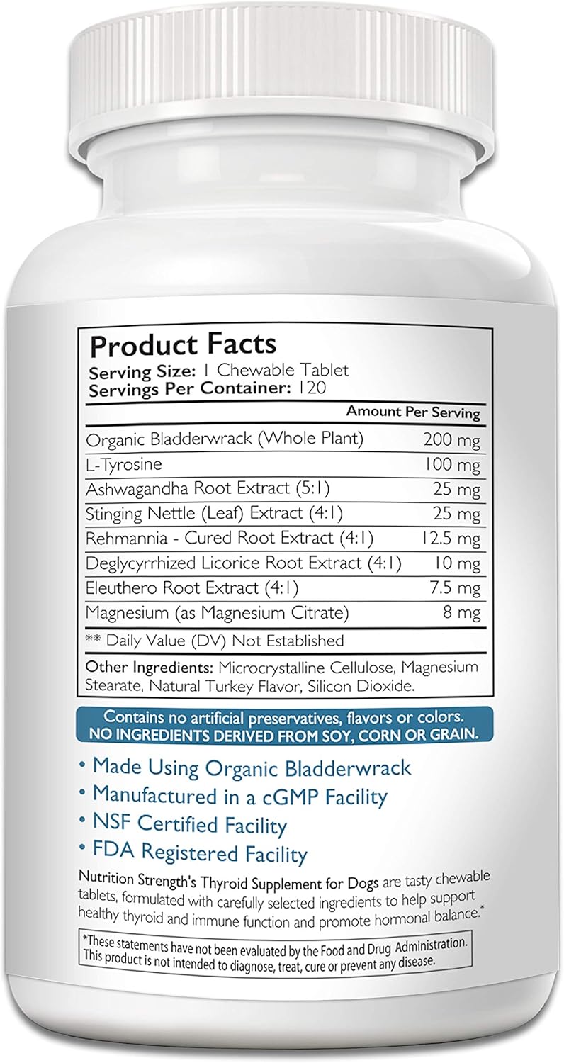 Organic Thyroid Support Supplement for Dogs with Bladderwrack - 120 Chewable Tablets for Hypothyroidism, Endocrine Health