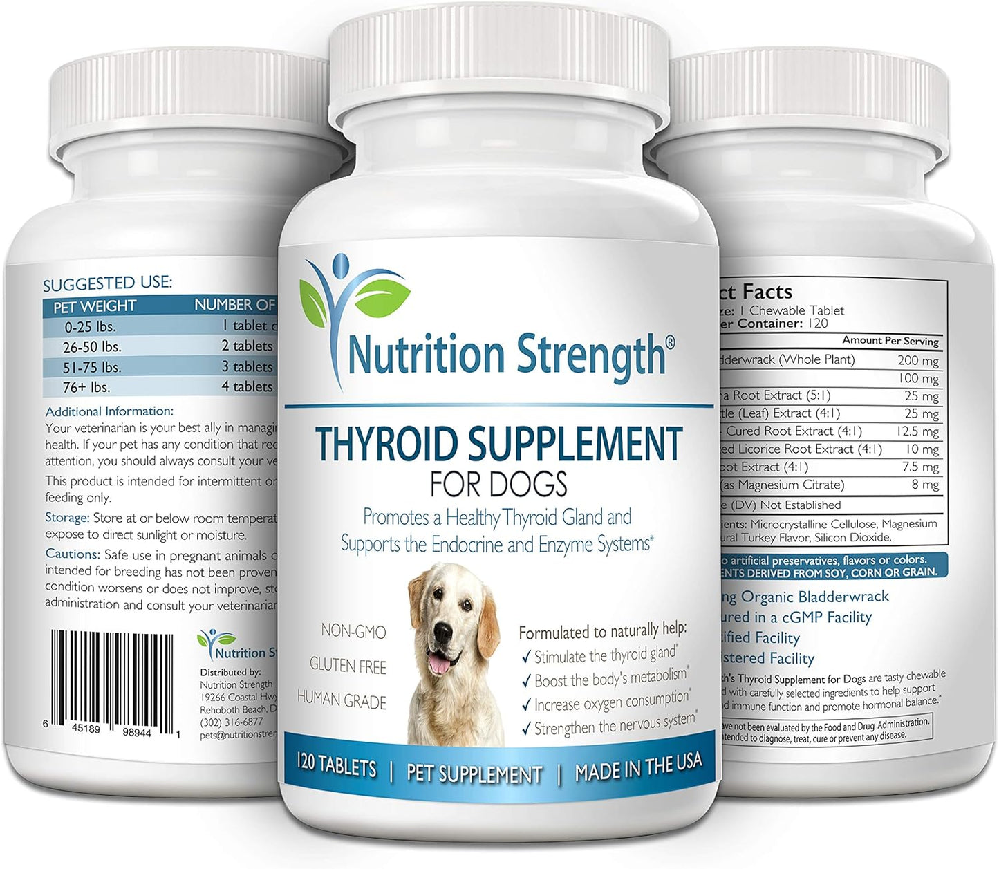 Organic Thyroid Support Supplement for Dogs with Bladderwrack - 120 Chewable Tablets for Hypothyroidism, Endocrine Health