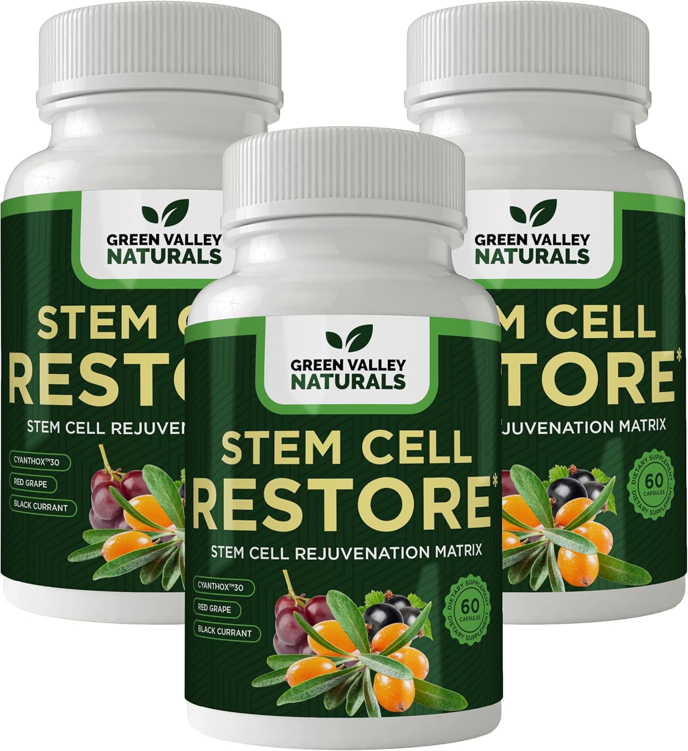 Organic Tibetan Sea Buckthorn Stem Cell Restore for Regenerative Healing & Healthy Aging - Brain, Heart, & Kidney Support - 3 Bottles, 180 Capsules