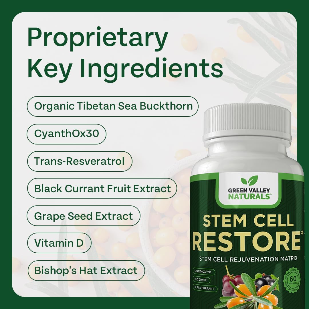 Organic Tibetan Sea Buckthorn Stem Cell Restore for Regenerative Healing & Healthy Aging - Brain, Heart, & Kidney Support - 3 Bottles, 180 Capsules