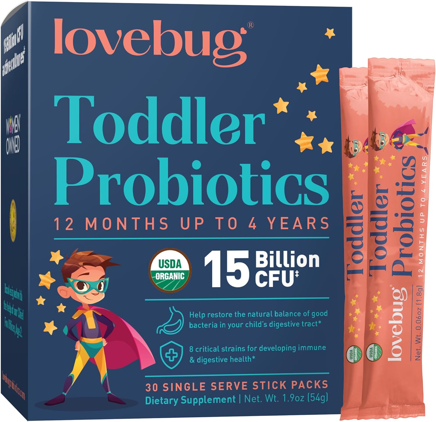 Organic Toddler Probiotics for Digestive Health - Constipation Relief & Stomach Comfort for Kids 1-4 Years - 30 Pack