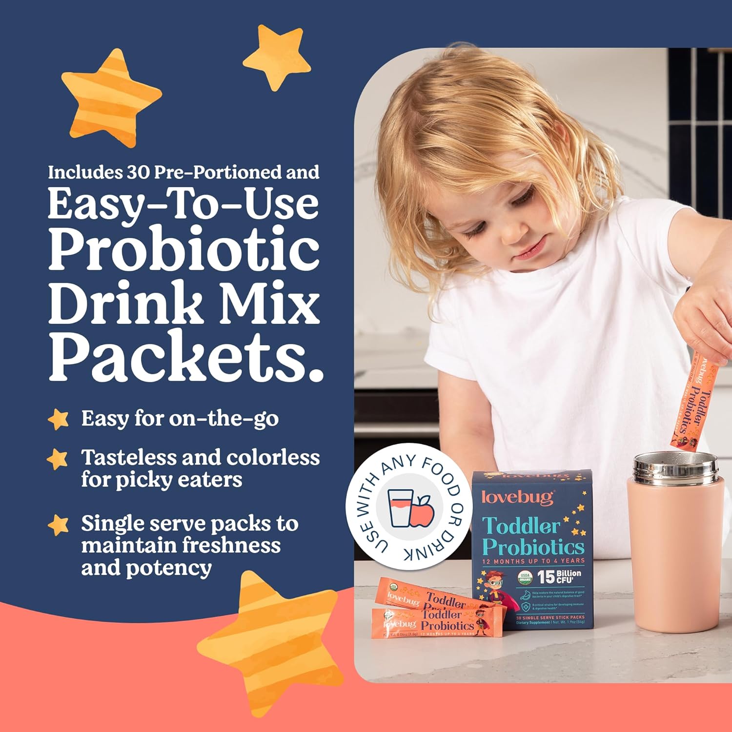 Organic Toddler Probiotics for Digestive Health - Constipation Relief & Stomach Comfort for Kids 1-4 Years - 30 Pack