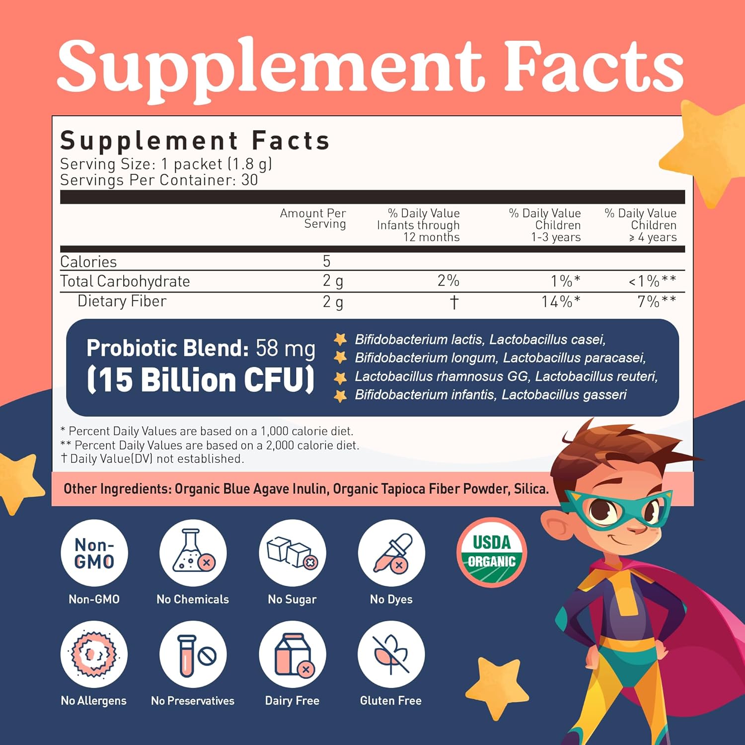 Organic Toddler Probiotics for Digestive Health - Constipation Relief & Stomach Comfort for Kids 1-4 Years - 30 Pack