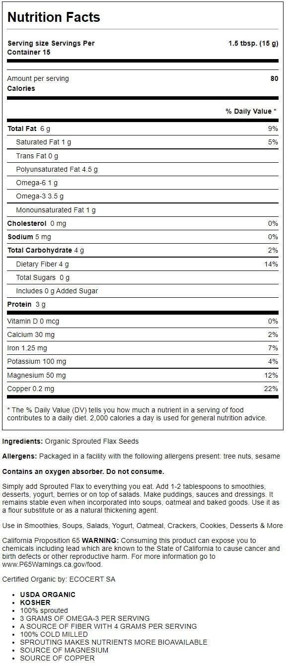 Organic Traditions Pousutong Sprouted Flax Golden 8 oz Bag - Premium Quality Flax Seed Blend