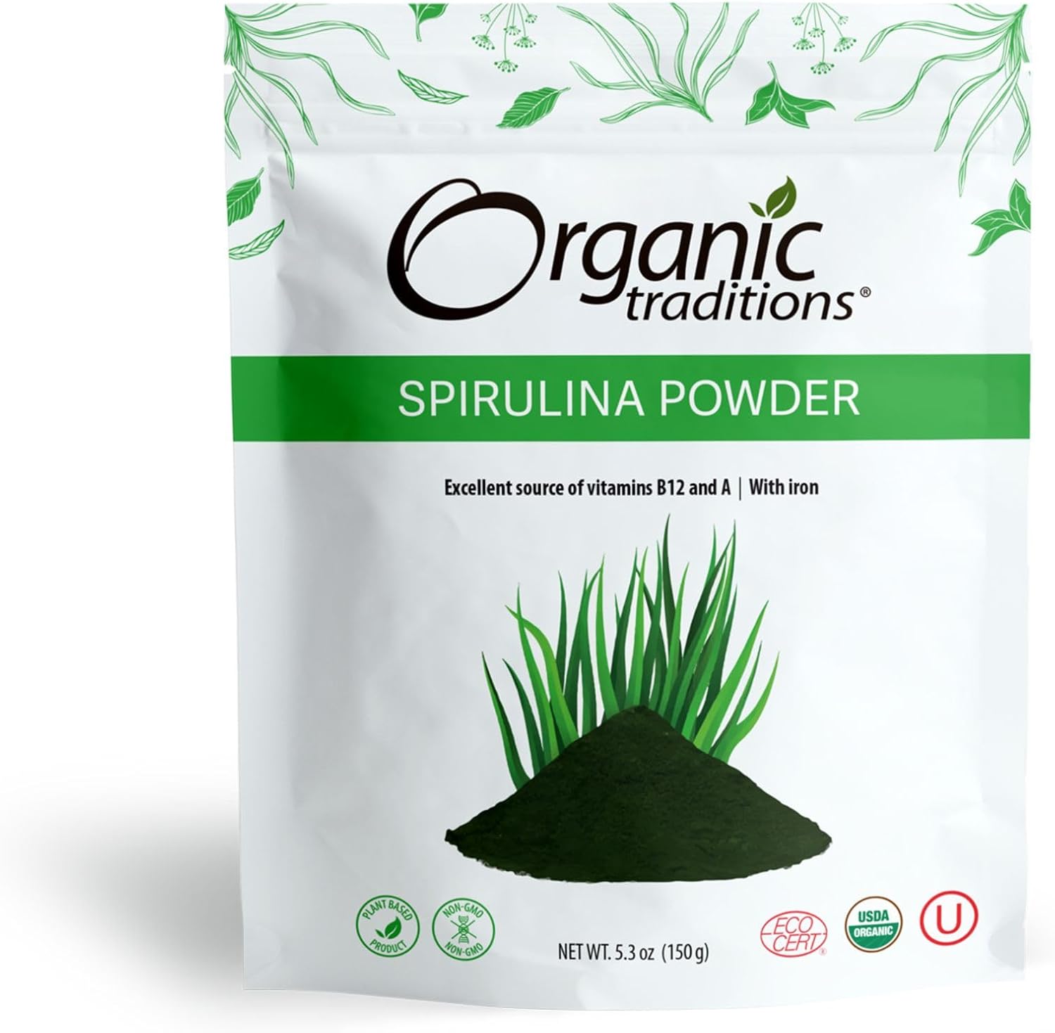 Organic Traditions Spirulina Powder - Vegan Non-GMO Superfood, 5.3oz Bag (150g) - 50 Servings