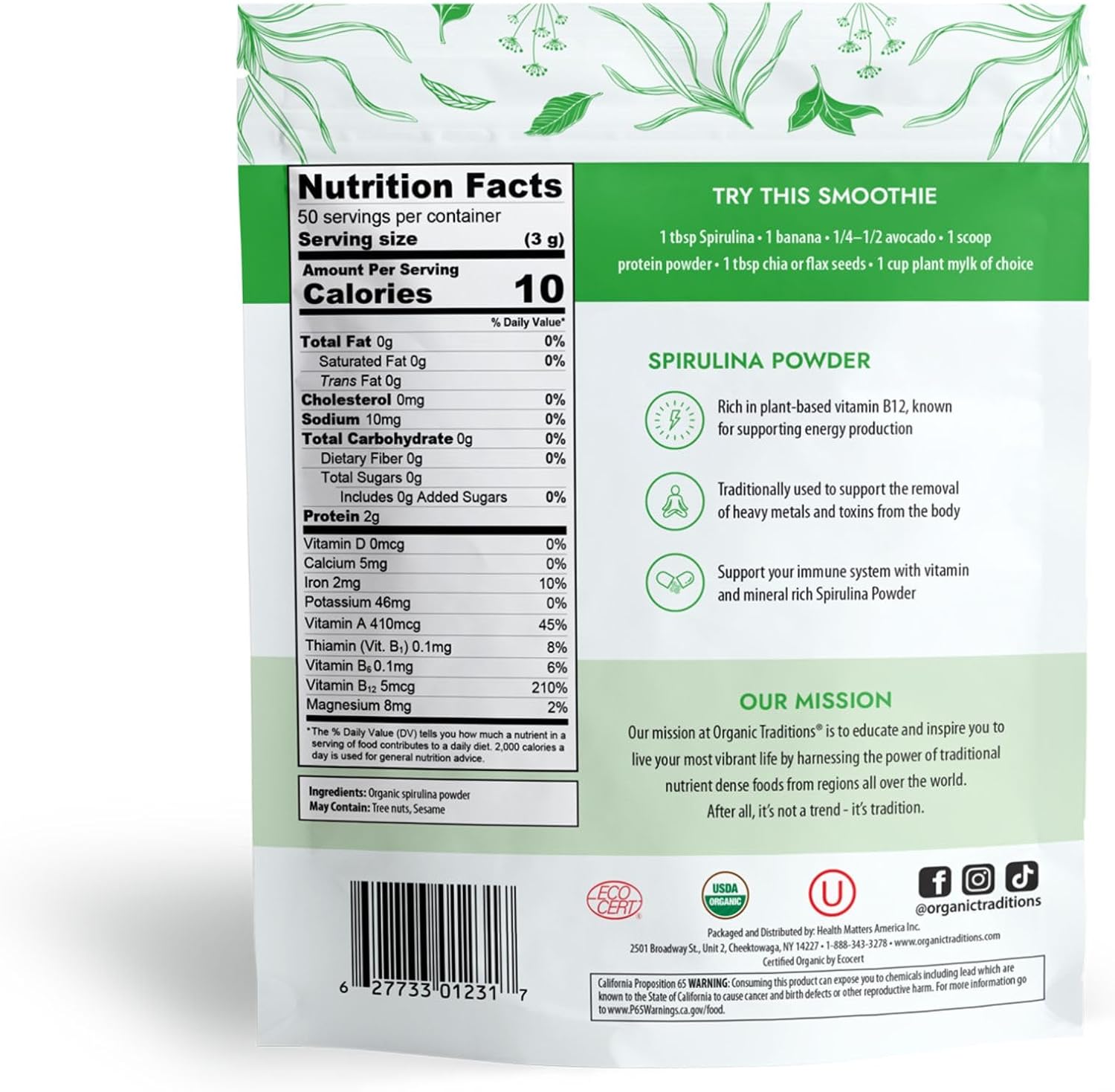 Organic Traditions Spirulina Powder - Vegan Non-GMO Superfood, 5.3oz Bag (150g) - 50 Servings