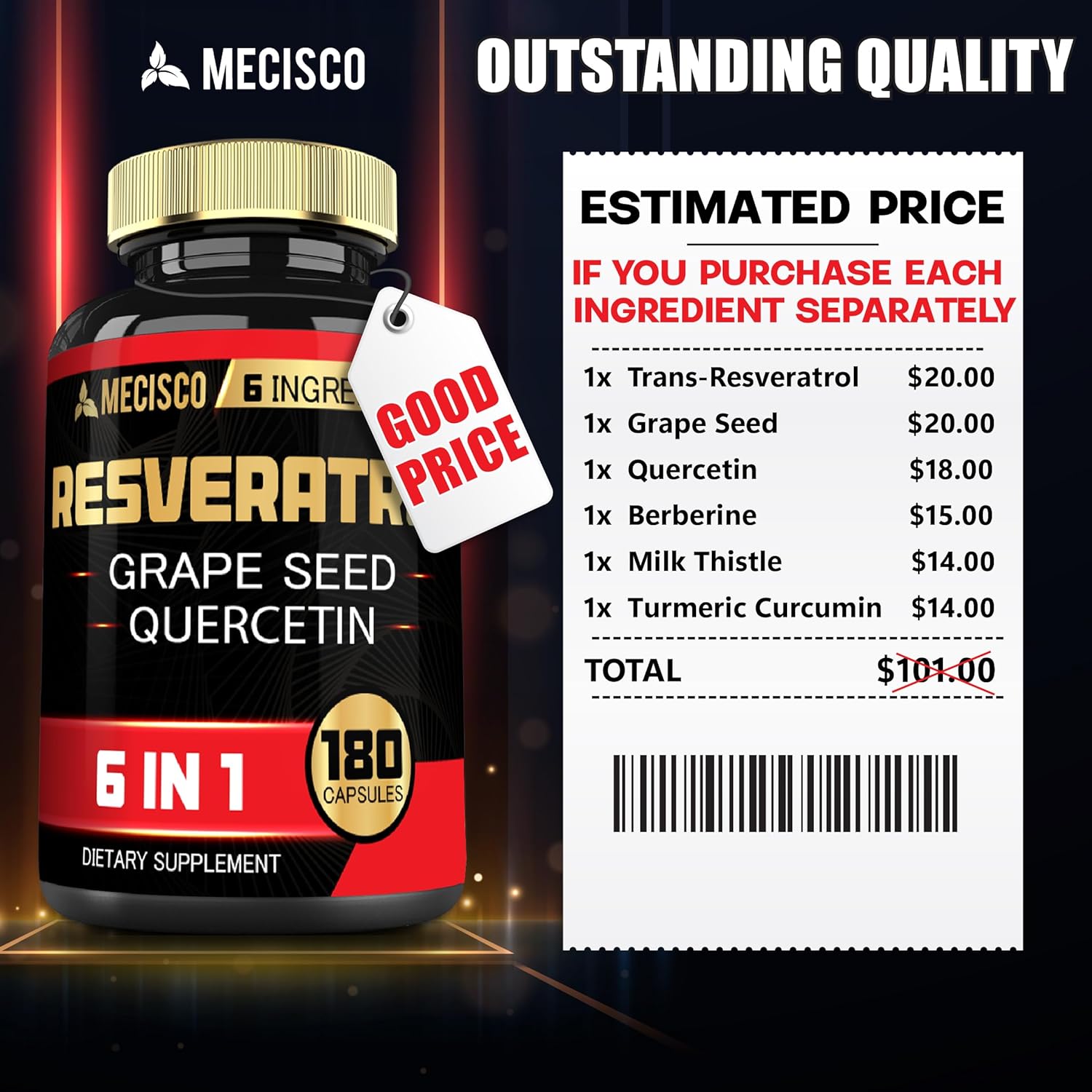 Organic Trans Resveratrol 1000mg Supplement with Grape Seed & Milk Thistle - Supports Immune System, Heart & Joint Health - 180 Capsules