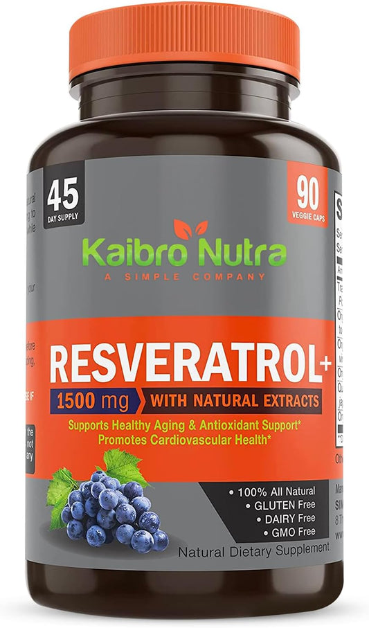 Organic Trans-Resveratrol 1500mg Complex for Anti-Aging & Immunity - Potent Antioxidants for Radiant Skin - 45 Day Supply