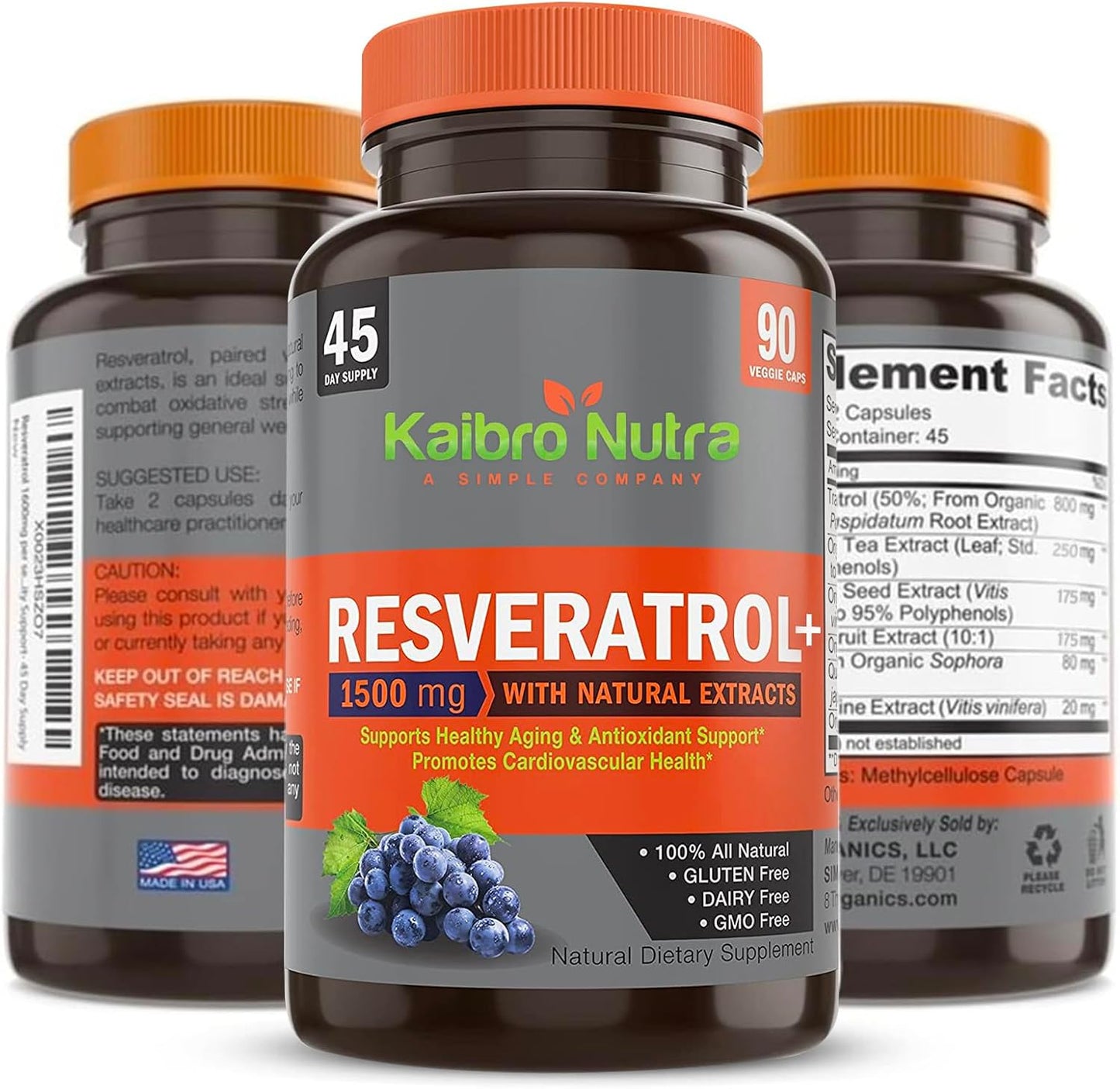 Organic Trans-Resveratrol 1500mg Complex for Anti-Aging & Immunity - Potent Antioxidants for Radiant Skin - 45 Day Supply