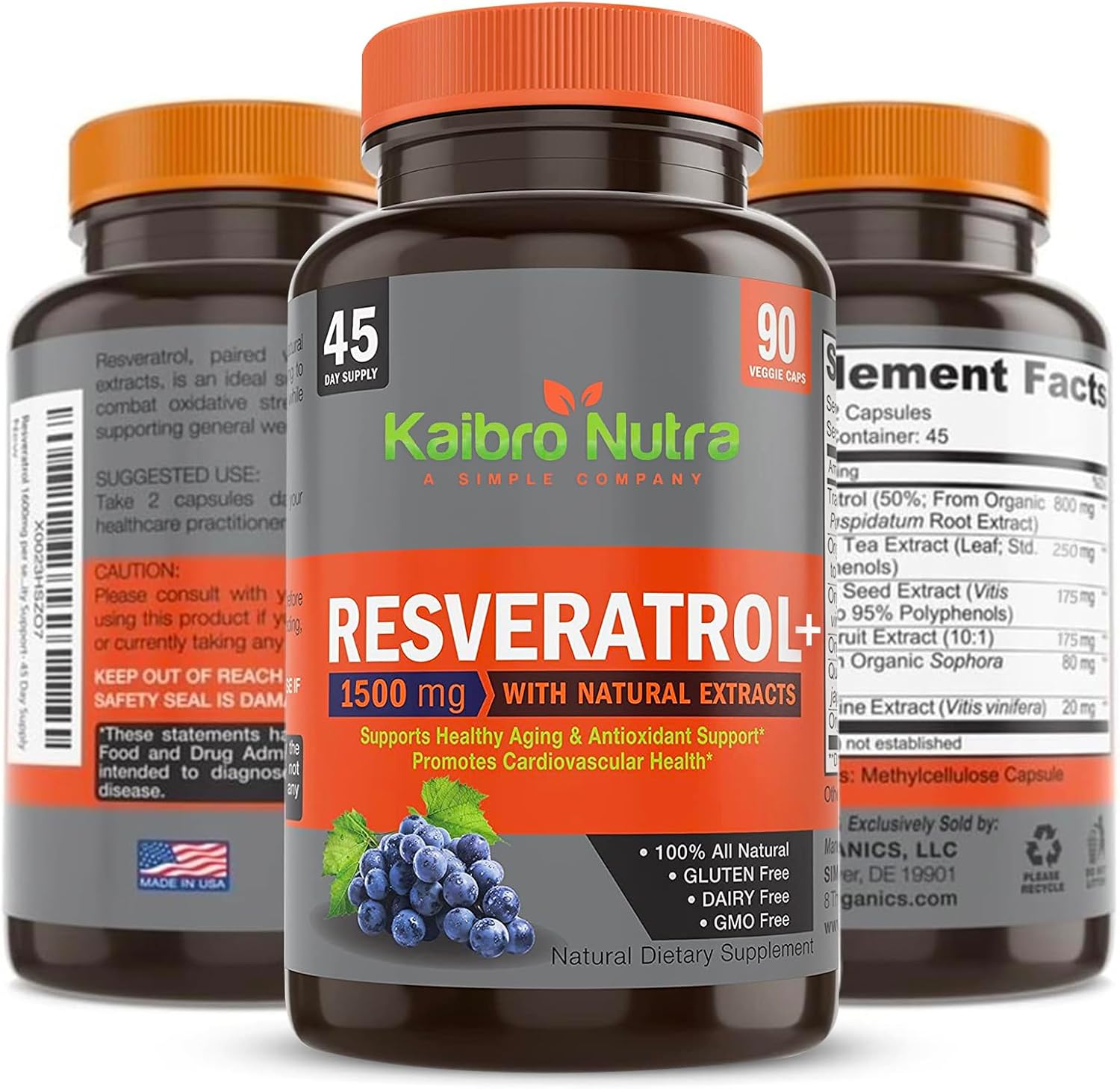 Organic Trans-Resveratrol 1500mg Complex for Anti-Aging & Immunity - Potent Antioxidants for Radiant Skin - 45 Day Supply