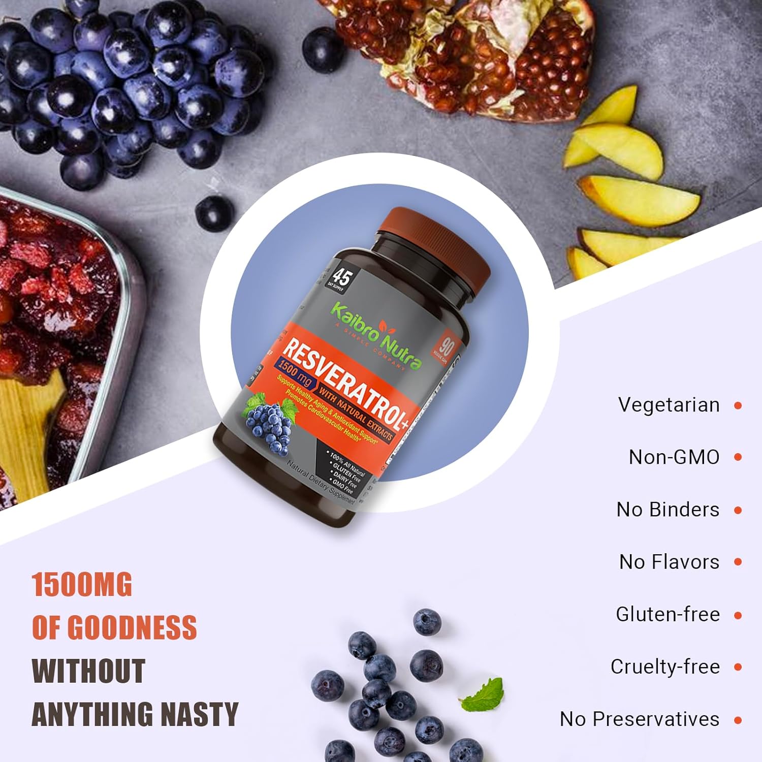 Organic Trans-Resveratrol 1500mg Complex for Anti-Aging & Immunity - Potent Antioxidants for Radiant Skin - 45 Day Supply