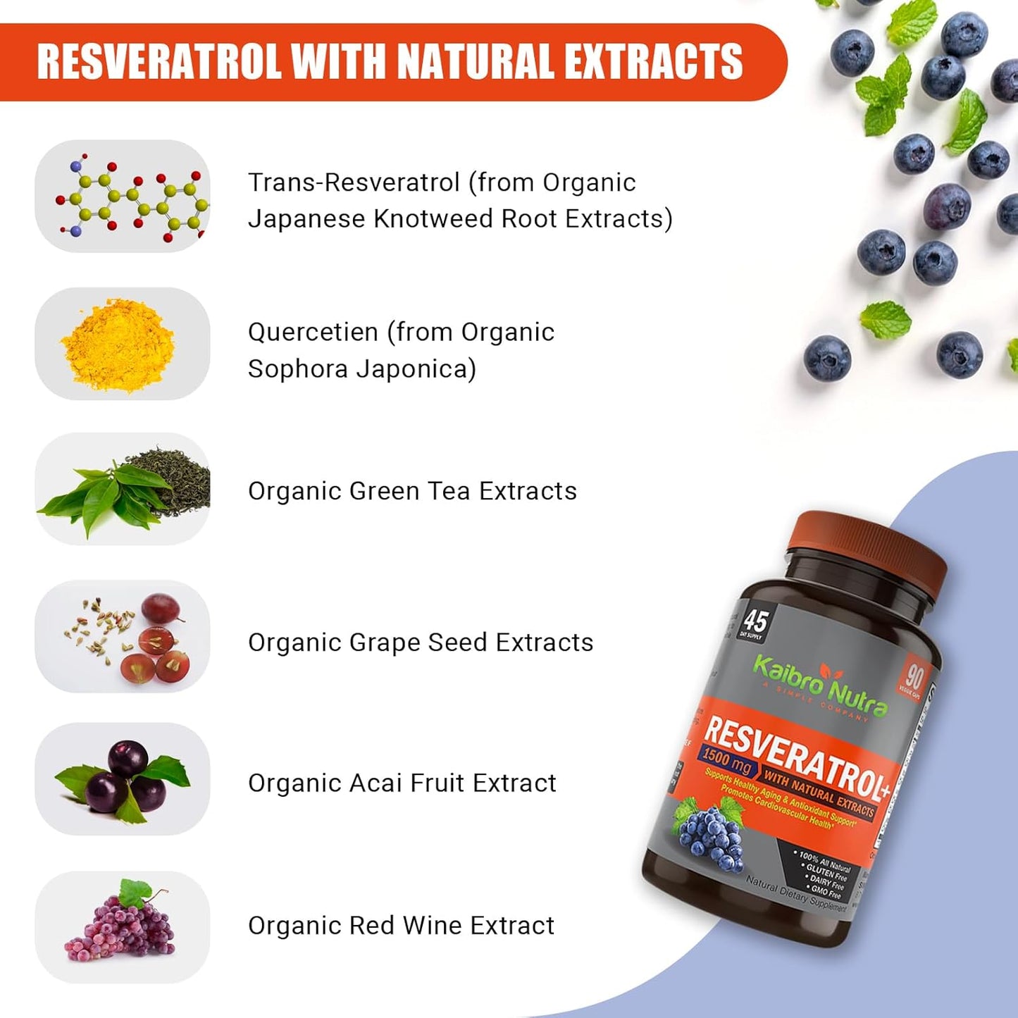 Organic Trans-Resveratrol 1500mg Complex for Anti-Aging & Immunity - Potent Antioxidants for Radiant Skin - 45 Day Supply