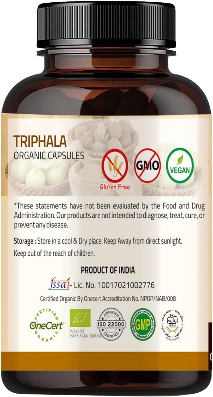 Organic Triphala Capsules 1000mg - Colon Cleanser & Detoxifier - 120 Capsules - Immune Support Supplement - USDA Certified - Non-GMO & Gluten Free