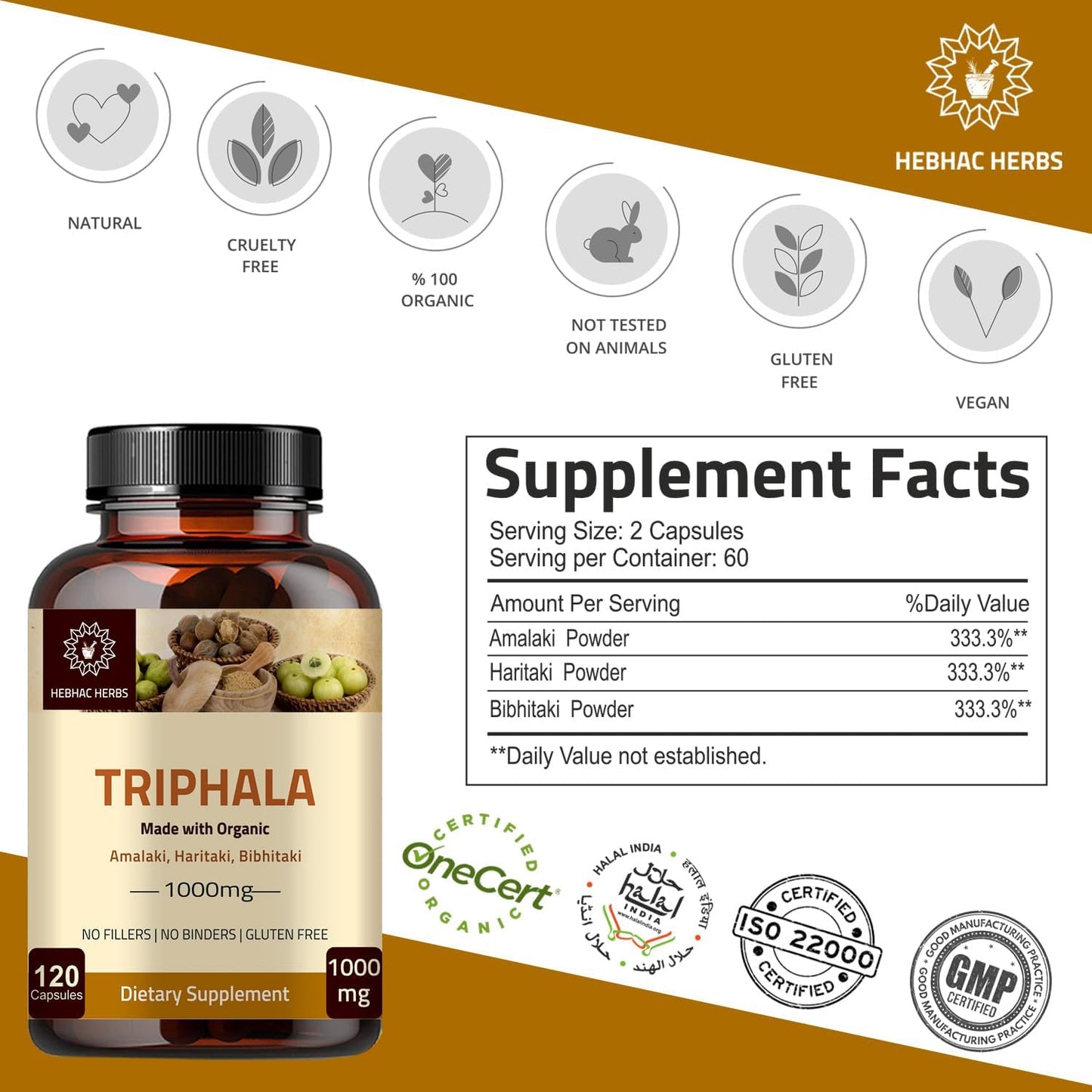Organic Triphala Capsules 1000mg - Colon Cleanser & Detoxifier - 120 Capsules - Immune Support Supplement - USDA Certified - Non-GMO & Gluten Free