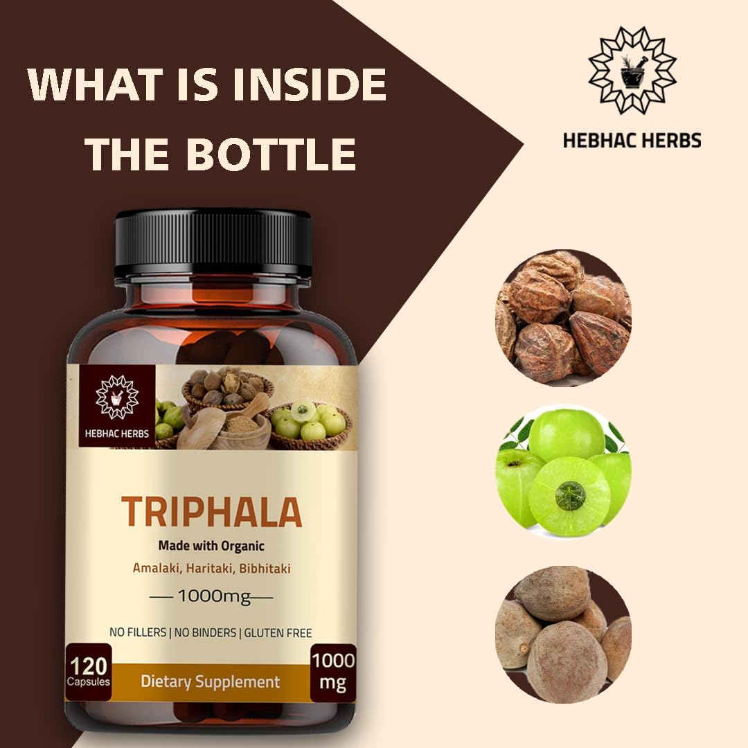 Organic Triphala Capsules 1000mg - Colon Cleanser & Detoxifier - 120 Capsules - Immune Support Supplement - USDA Certified - Non-GMO & Gluten Free
