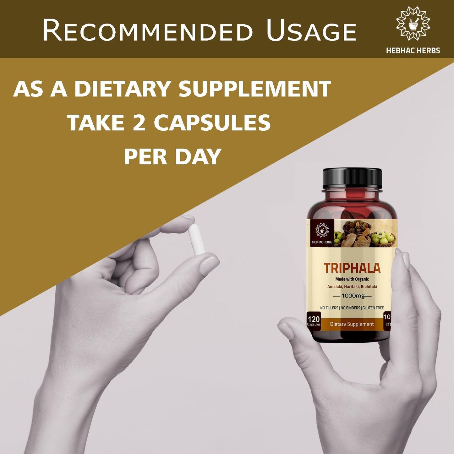 Organic Triphala Capsules 1000mg - Colon Cleanser & Detoxifier - 120 Capsules - Immune Support Supplement - USDA Certified - Non-GMO & Gluten Free