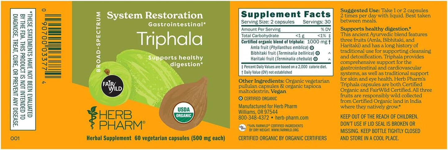 Organic Triphala Capsules for Cleansing & Digestive Support - Amla, Haritaki, Bibhitaki - Vegan - 60 Ct