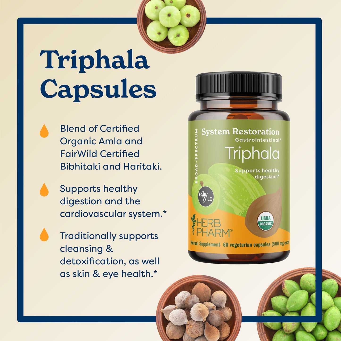 Organic Triphala Capsules for Cleansing & Digestive Support - Amla, Haritaki, Bibhitaki - Vegan - 60 Ct