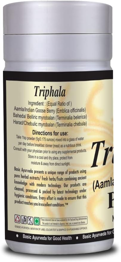 Organic Triphala Powder with Amla, Haritaki & Bibhitaki for Digestion & Gut Health - 3.53 Oz/100g