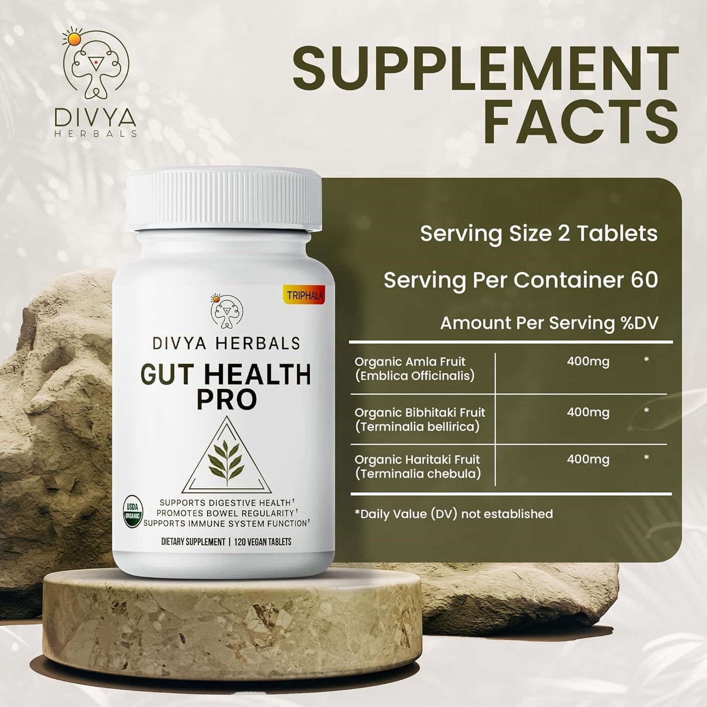 Organic Triphala Supplement for Digestion, Bloating Relief & Gut Health - 1200mg Vegan Tablets