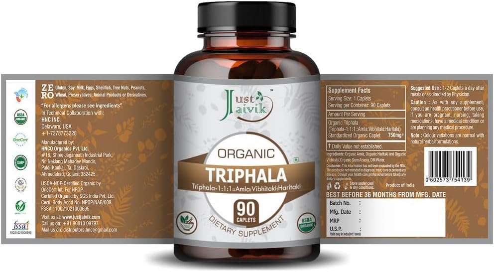 Organic Triphala Tablets - 750mg (90 Pack) | Dietary Supplement for Detox & Rejuvenation with Amla, Bibhitaki, Haritaki | Just Jaivik