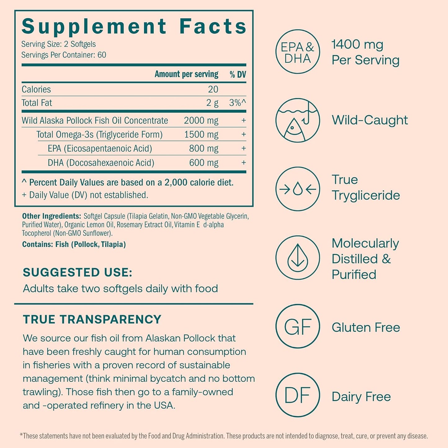Organic True Grace Omega-3 Fish Oil Softgels with 1400mg EPA + DHA for Brain, Heart, Joint & Immune Health - Gluten & Soy Free