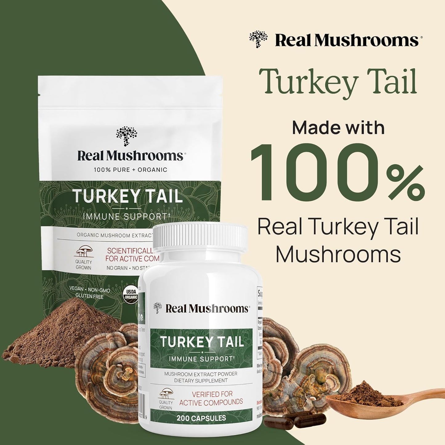 Organic Turkey Tail Mushroom Powder - Potent Gut, Energy, Brain, Immune Support Supplement - Vegan, Non-GMO - 100 Servings
