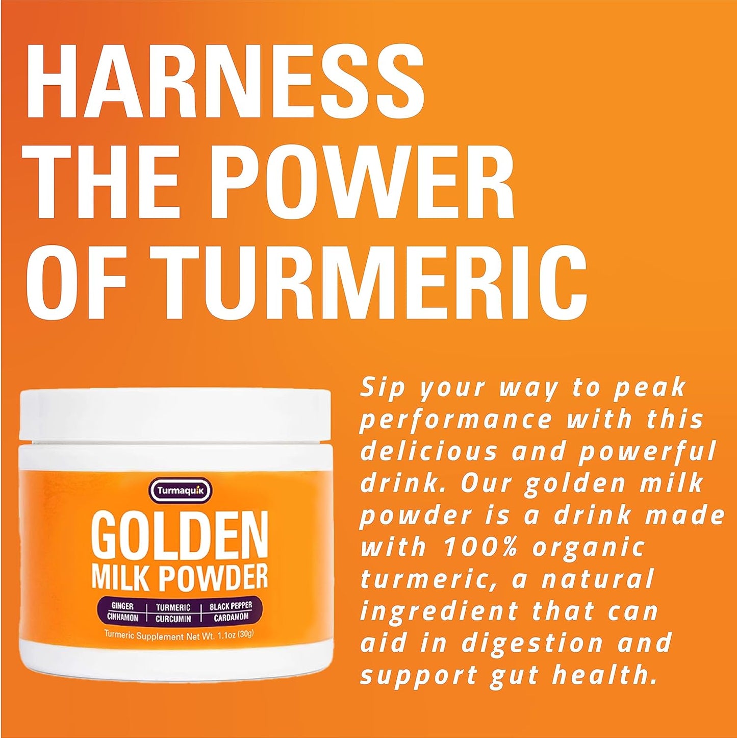Organic Turmaquik Golden Milk Turmeric Powder Mix with Superfoods - Ginger, Black Pepper, Curcumin, Cinnamon, Cardamom - Non-GMO, Vegan, Keto - Ayurvedic Blend