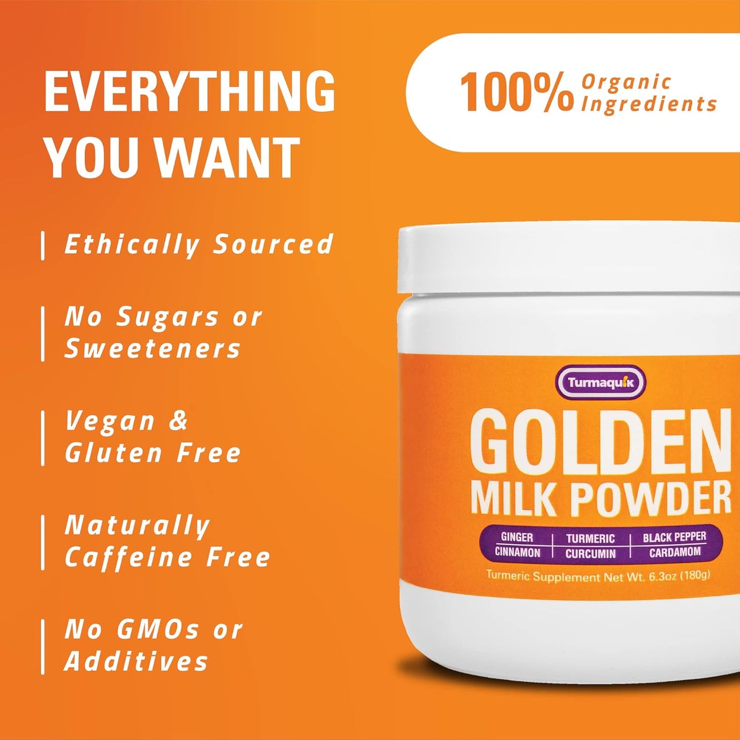 Organic Turmaquik Golden Milk Turmeric Powder Mix with Superfoods - Ginger, Black Pepper, Curcumin, Cinnamon, Cardamom - Non-GMO, Vegan, Keto - Ayurvedic Blend
