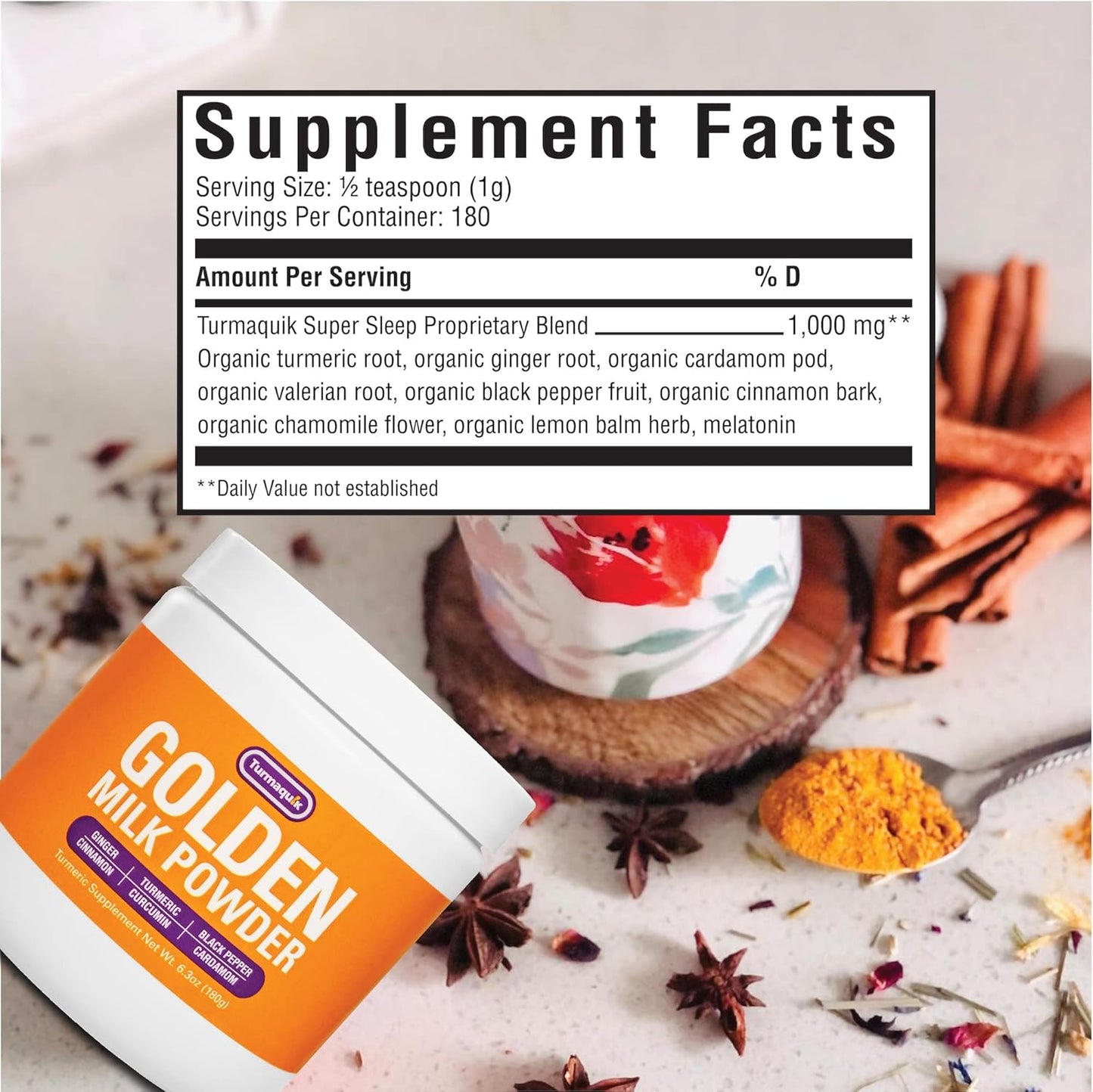 Organic Turmaquik Golden Milk Turmeric Powder Mix with Superfoods - Ginger, Black Pepper, Curcumin, Cinnamon, Cardamom - Non-GMO, Vegan, Keto - Ayurvedic Blend