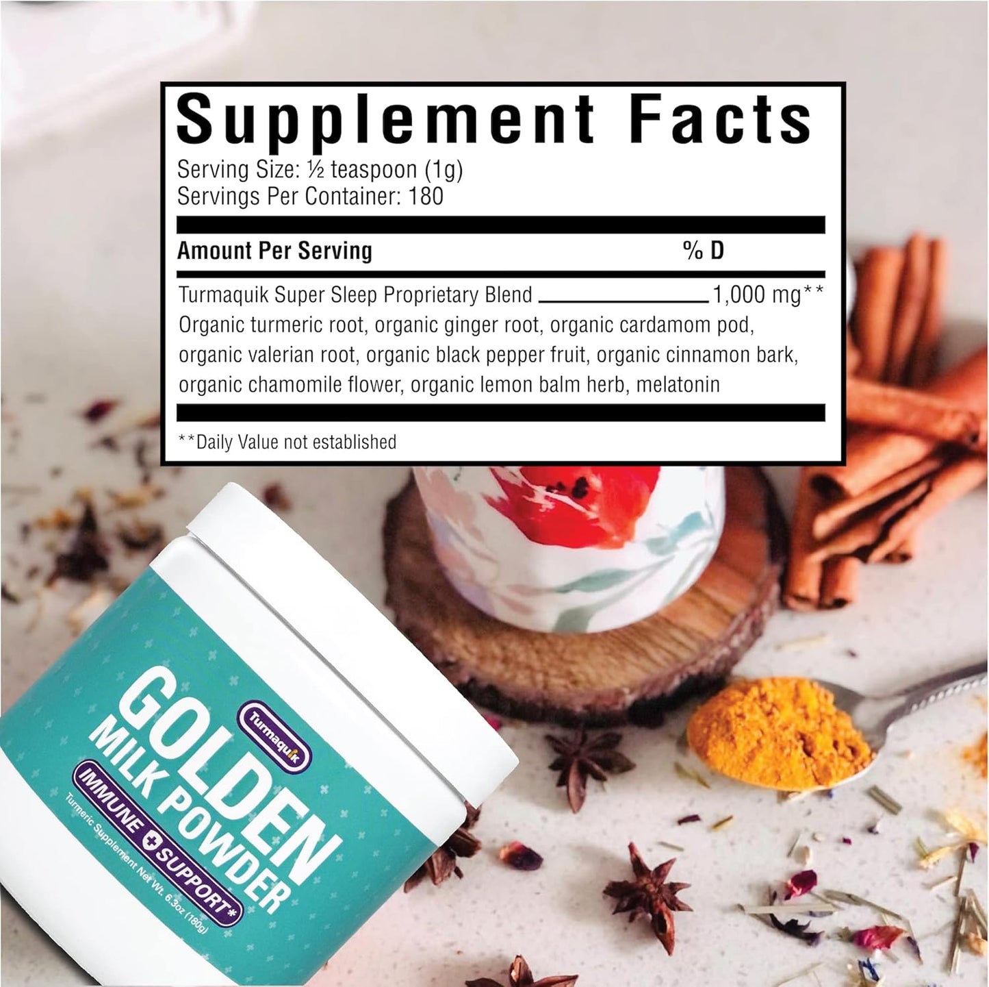 Organic Turmaquik Golden Milk Turmeric Powder with Immune-Boosting Superfood Blend - Ginger, Black Pepper, Cinnamon, Cardamom, Vitamins C, D, B6, B12, Zinc