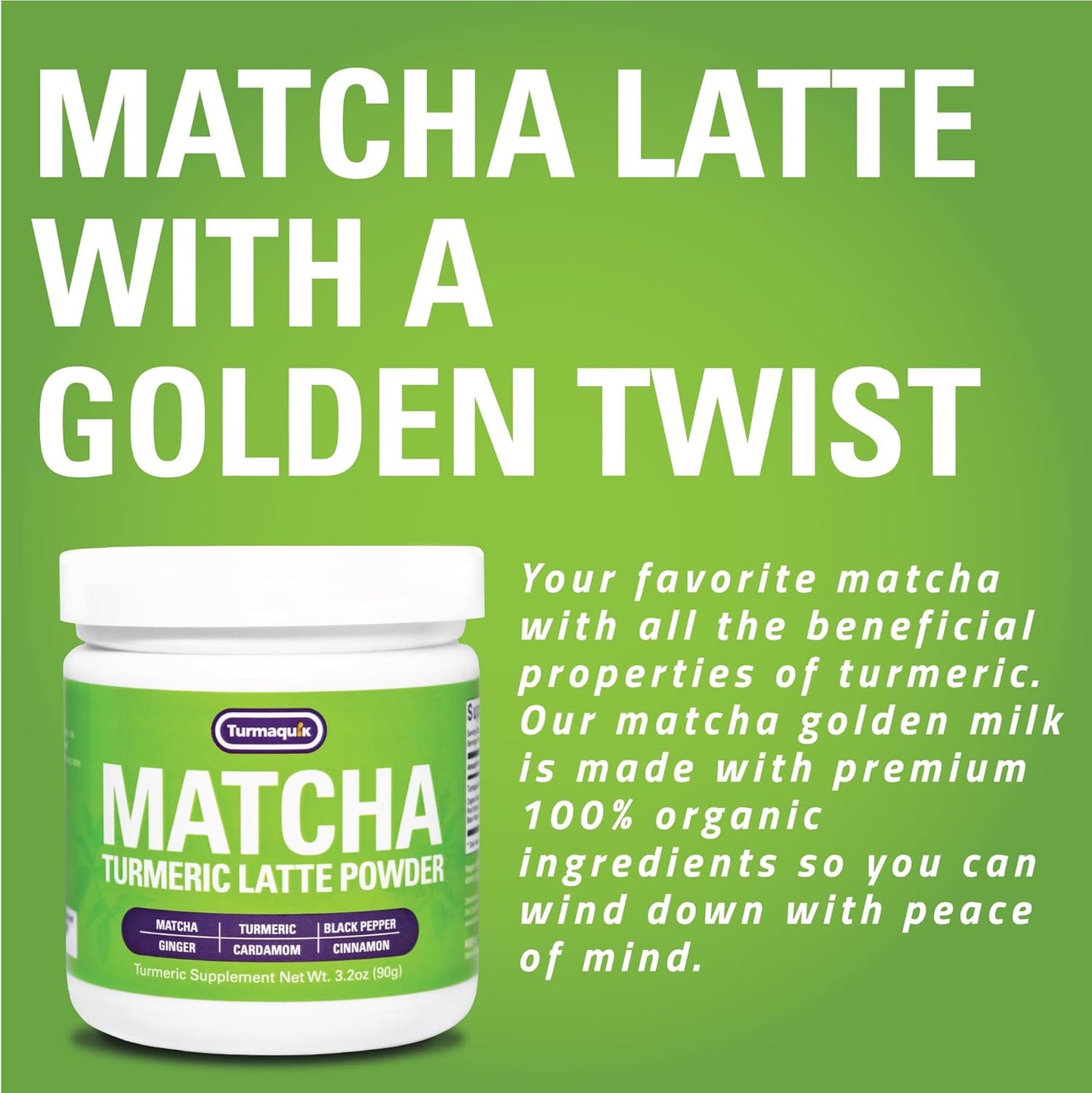 Organic Turmaquik Turmeric Matcha Latte Powder - Superfood Blend with Ginger, Cardamom, Black Pepper, and Cinnamon - 3.2 oz