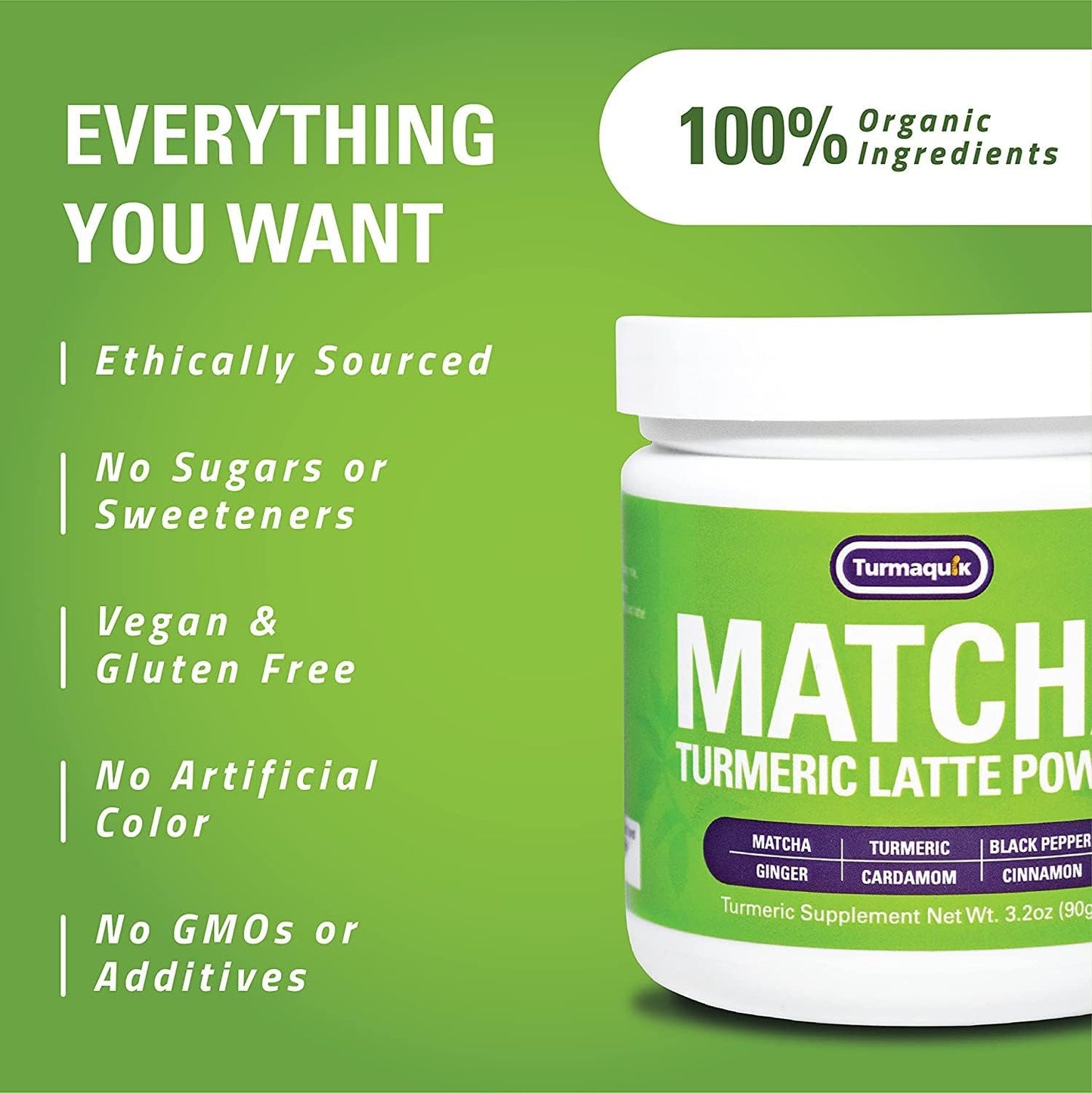 Organic Turmaquik Turmeric Matcha Latte Powder - Superfood Blend with Ginger, Cardamom, Black Pepper, and Cinnamon - 3.2 oz