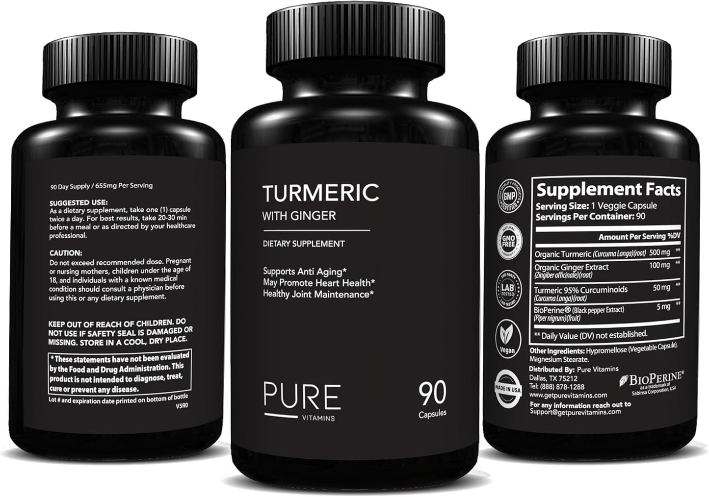 Organic Turmeric and Ginger Supplements - 90 Vegetarian Capsules | Digestive Health & Joint Support | Pure Vitamins Curcumin Supplement with Black Pepper Extract | Non-GMO