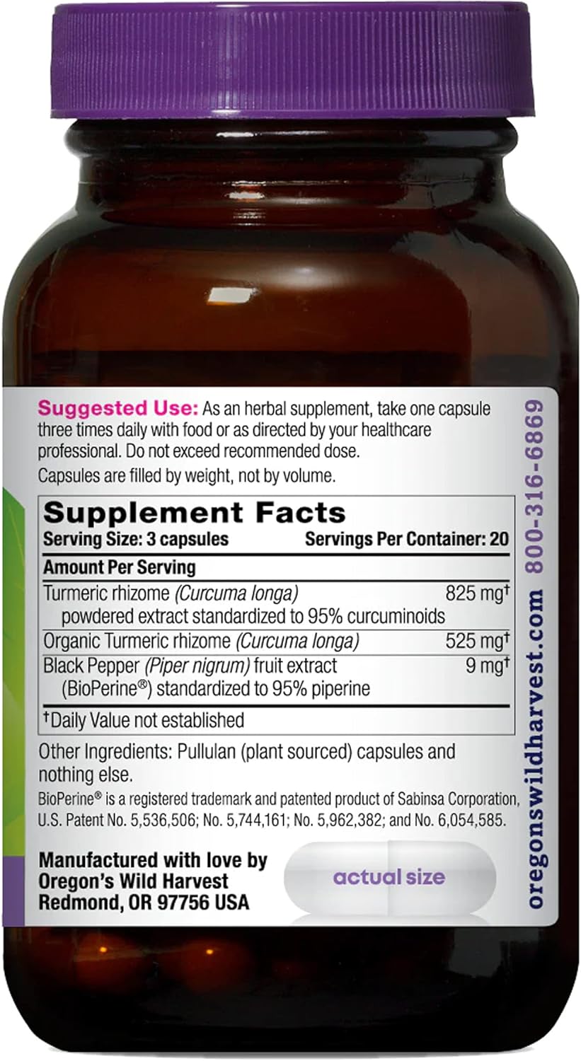 Organic Turmeric Curcumin Capsules with BioPerine 1350mg - Vegan Supplement by Oregon's Wild Harvest, 60 Count