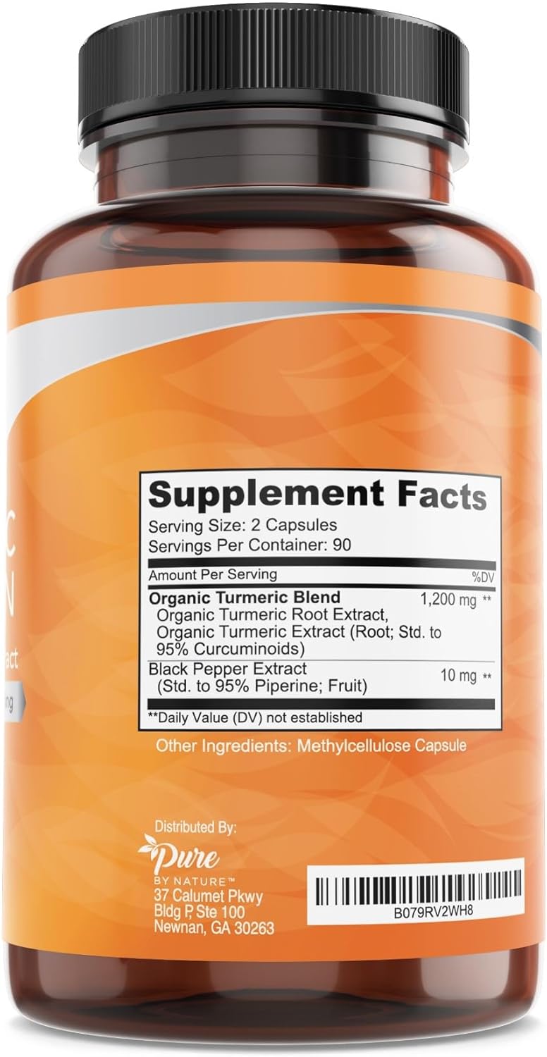 Organic Turmeric Curcumin Capsules with Black Pepper Extract - 1200 mg, 180 Count - High Absorption Antioxidant Support