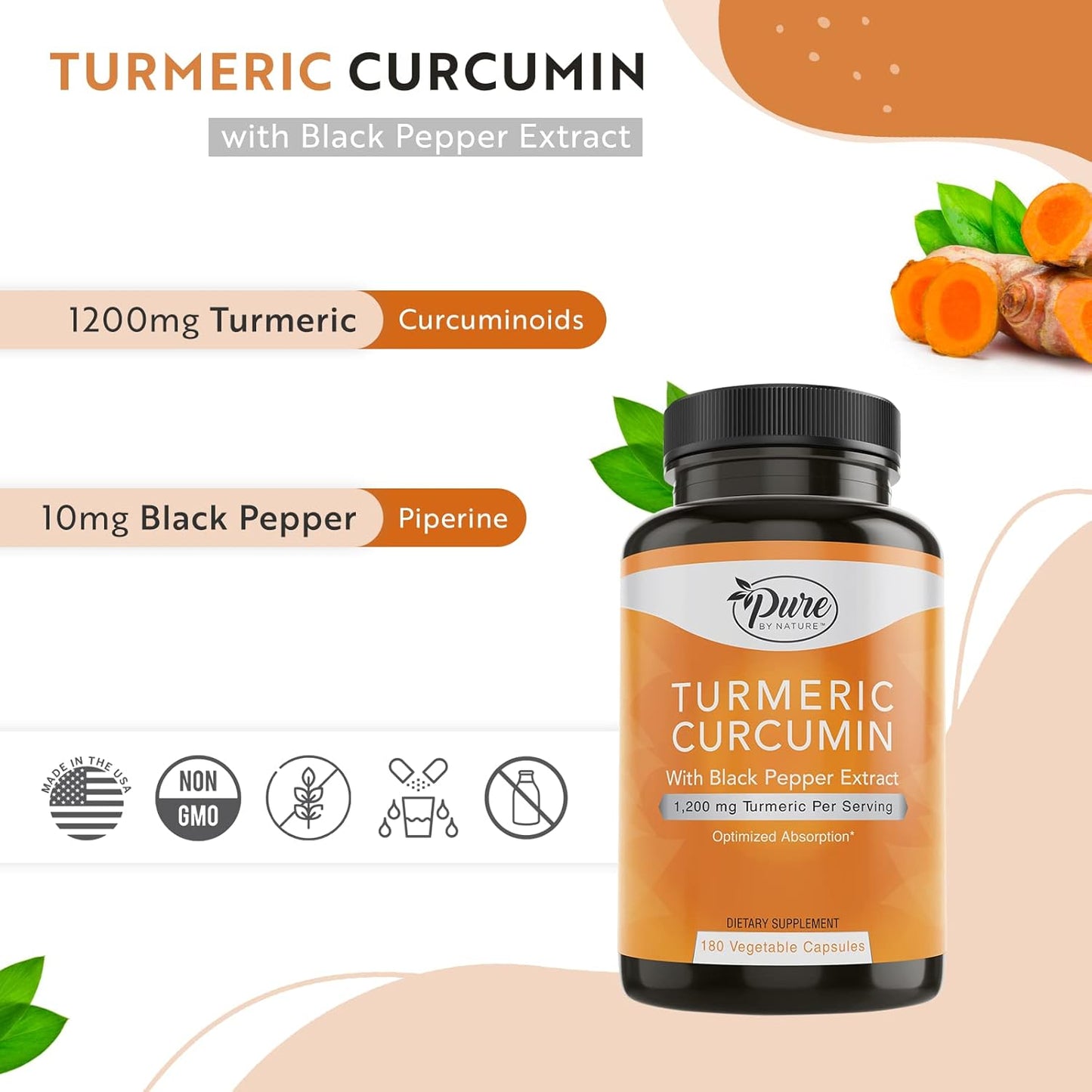 Organic Turmeric Curcumin Capsules with Black Pepper Extract - 1200 mg, 180 Count - High Absorption Antioxidant Support